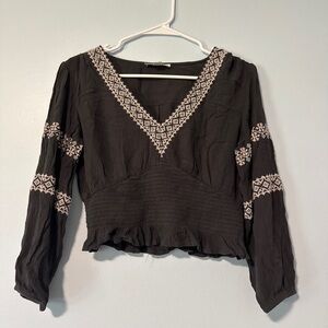 American Eagle Outfitters Black Embroidered Ruffled Long Sleeve Crop Blouse